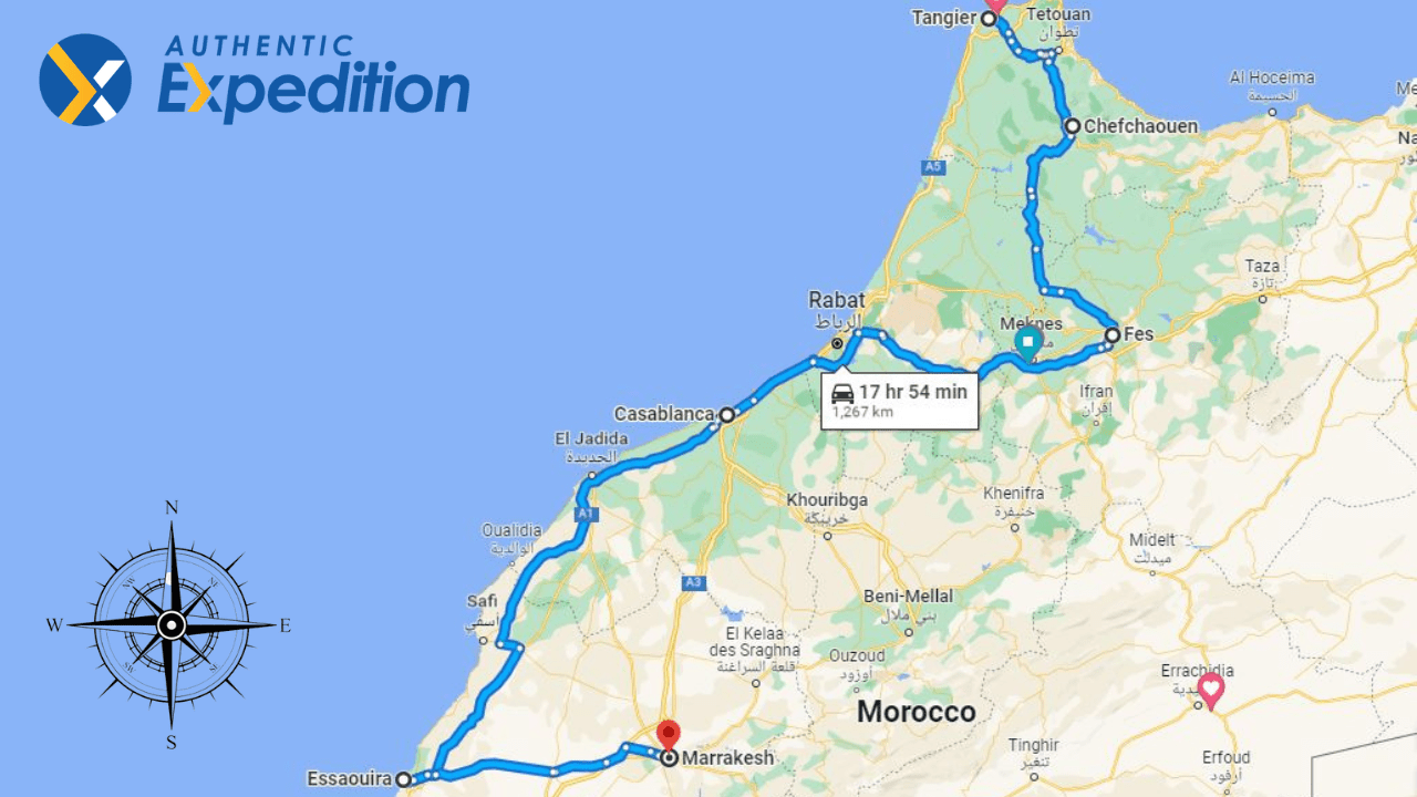 6 Days tours from Tangier to Marrakech map